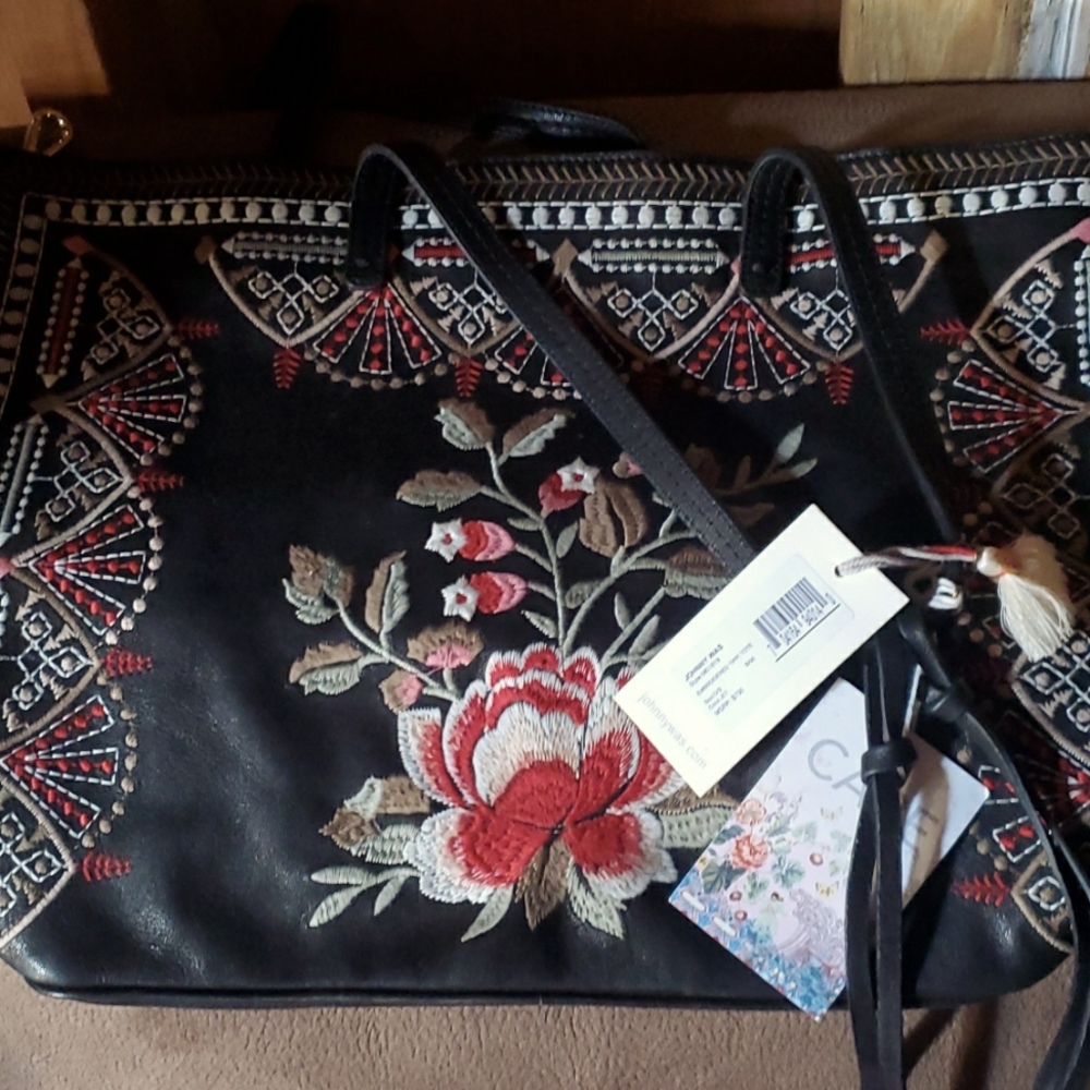 JOHNNY WAS black leather embroidered tippi tote purse.